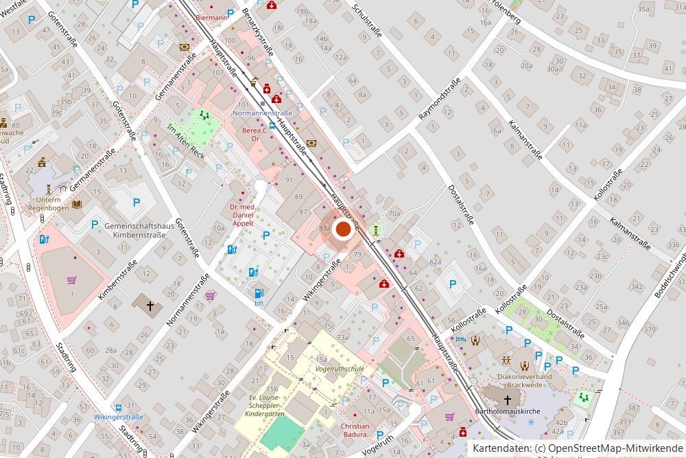 Kartenausschnitt: Der Laden liegt an der Hauptstraße 81 in Bielefeld-Brackwede, nahe der Bartholomäuskirche.