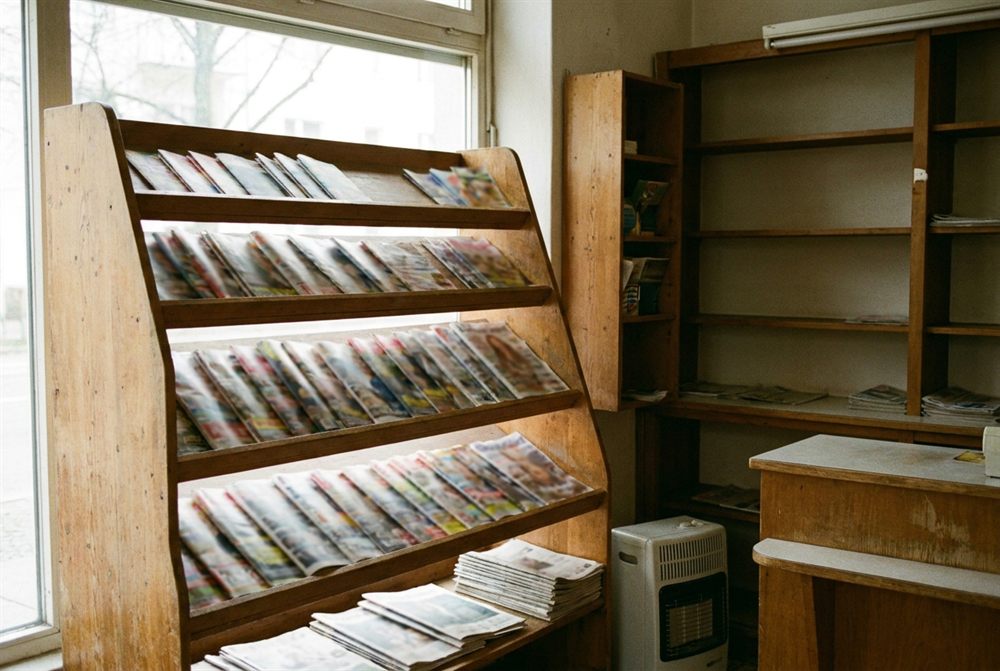 Regal mit gefalteten Zeitungen und Zeitschriften